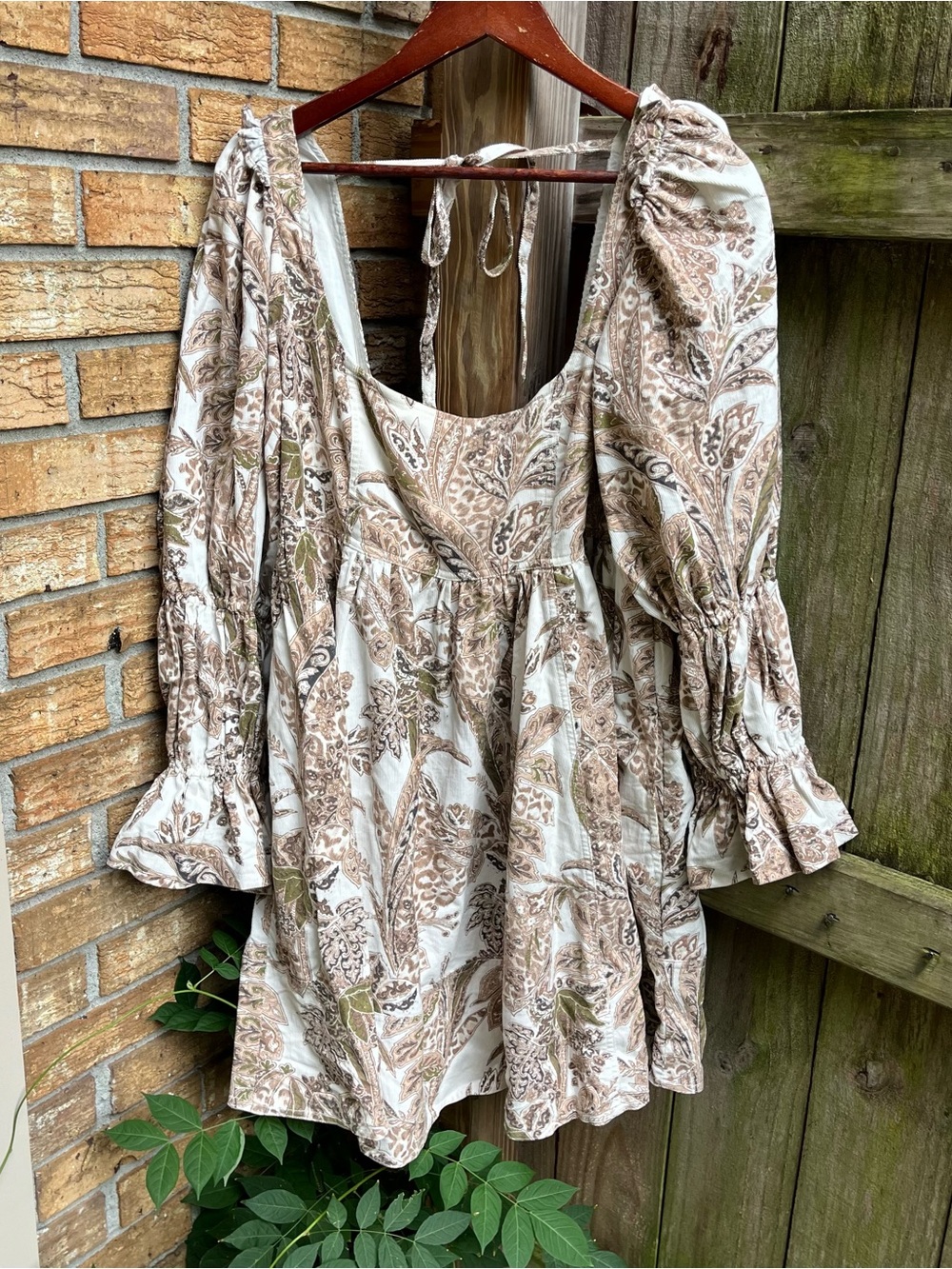 Pilcro Neutral Paisley Square Neck Corduroy Dress in Cream and Taupe